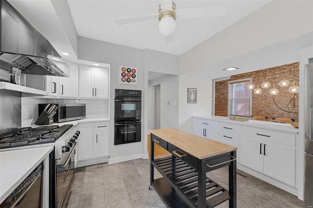 kitchen with tasteful backsplash, extractor fan, white cabinets, and black appliances