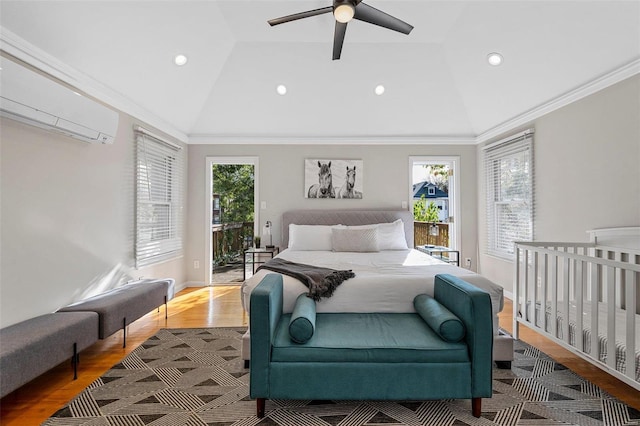 bedroom featuring lofted ceiling, crown molding, hardwood / wood-style flooring, ceiling fan, and access to outside