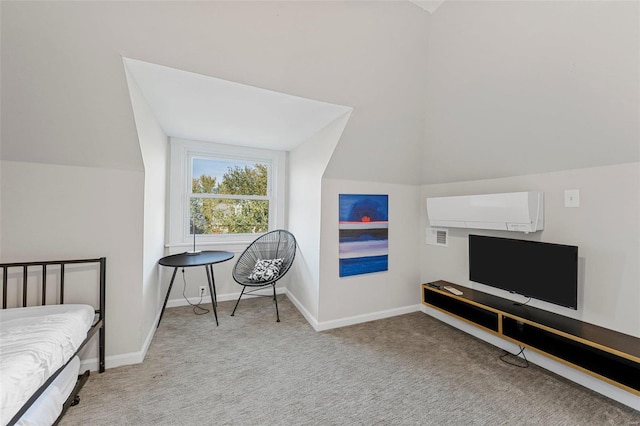 bedroom featuring an AC wall unit, light carpet, and lofted ceiling