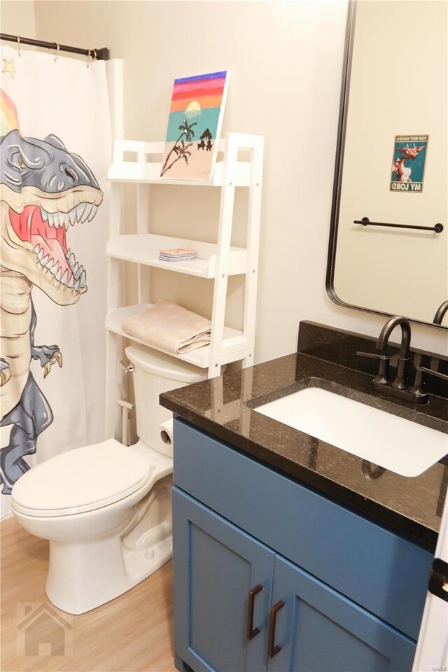 bathroom with toilet, wood finished floors, and vanity