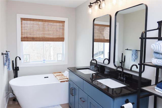 full bathroom with a sink, a freestanding bath, and double vanity