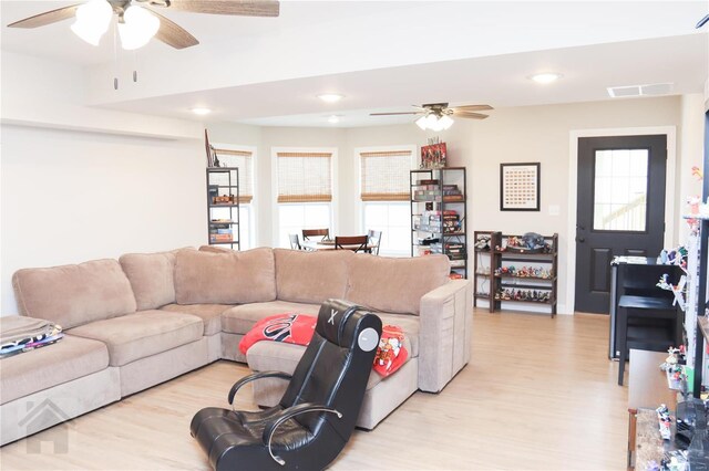 living room featuring recessed lighting, visible vents, ceiling fan, and light wood finished floors