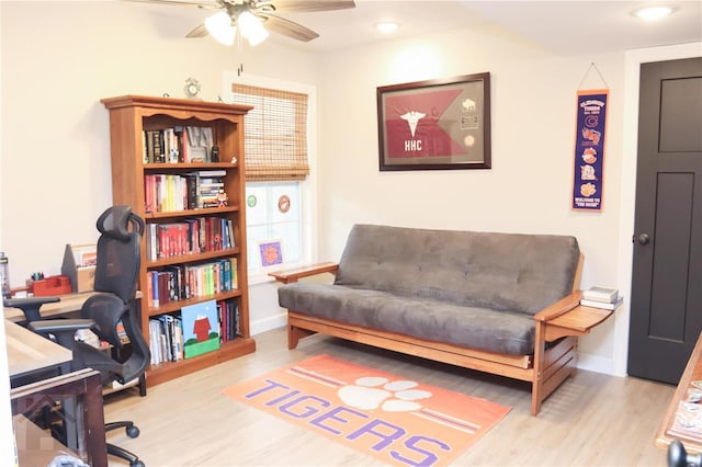 office with ceiling fan, recessed lighting, wood finished floors, and baseboards