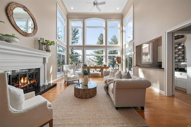 living room with a towering ceiling, light hardwood / wood-style flooring, and ornamental molding