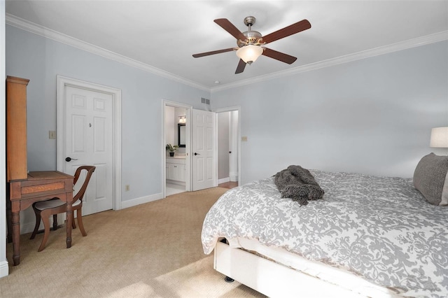 carpeted bedroom featuring crown molding and ceiling fan