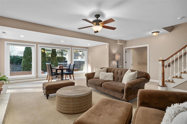 living room featuring ceiling fan