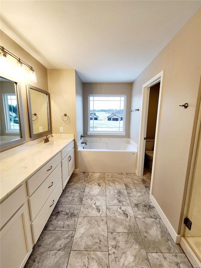 bathroom with vanity, toilet, and a bathtub