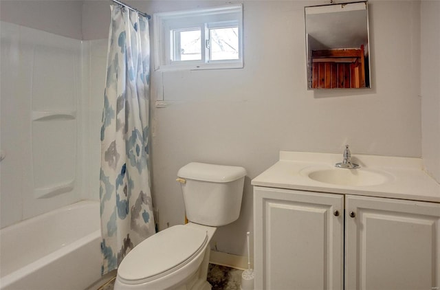 full bathroom featuring shower / bath combination with curtain, vanity, and toilet