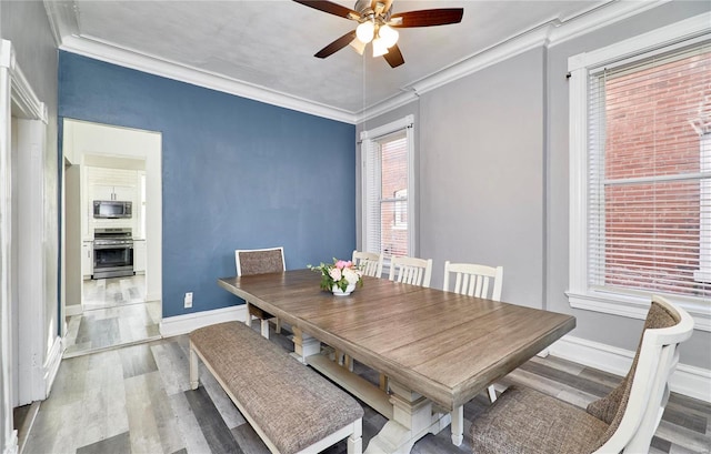 dining room with light hardwood / wood-style flooring, ornamental molding, and ceiling fan