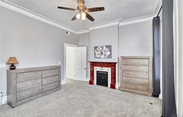 unfurnished living room featuring light carpet, ornamental molding, and ceiling fan