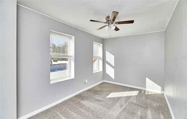 empty room featuring ceiling fan and carpet