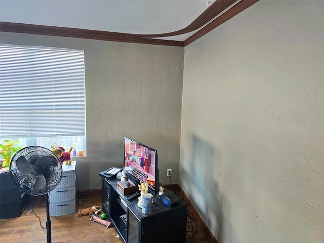 interior space featuring ornamental molding and wood-type flooring