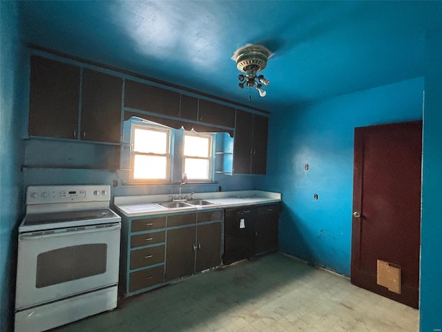 kitchen featuring white electric stove, dishwasher, and sink