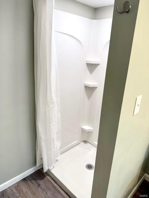 bathroom featuring wood-type flooring and a shower with curtain