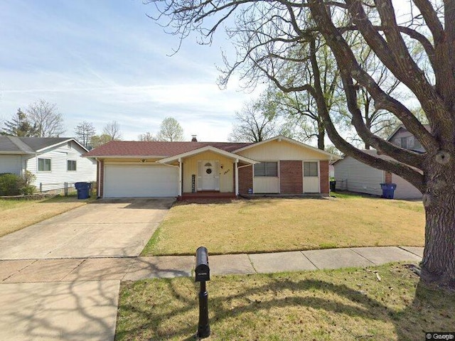 ranch-style home with a garage and a front lawn