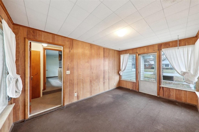 carpeted spare room featuring wooden walls