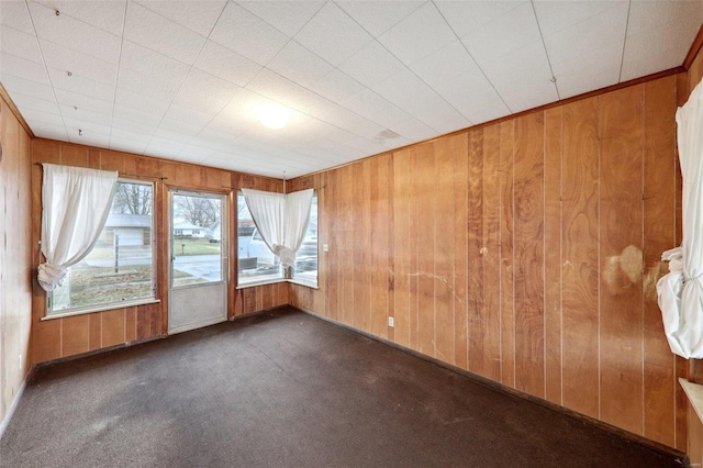 unfurnished room featuring dark carpet and wooden walls