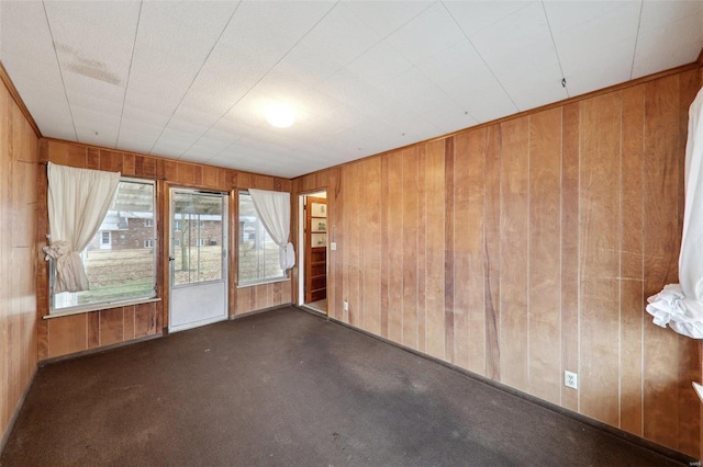 unfurnished room with dark colored carpet and wood walls