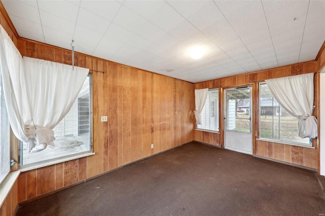 empty room with dark colored carpet and wooden walls