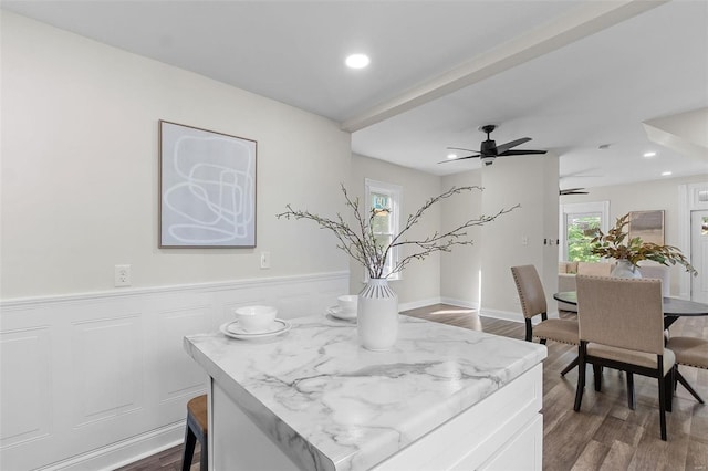 dining area featuring hardwood / wood-style flooring and ceiling fan