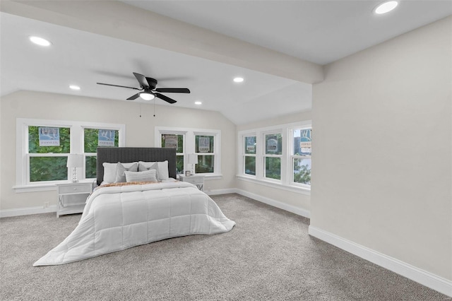 bedroom featuring carpet floors, ceiling fan, and vaulted ceiling