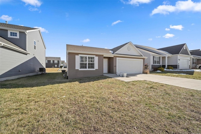 single story home featuring a garage and a front yard