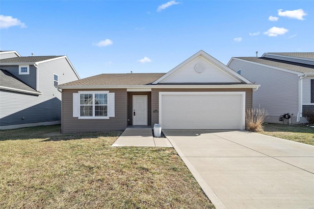 ranch-style house featuring a garage and a front yard