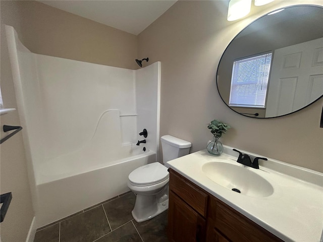 full bathroom featuring tile patterned floors, toilet, shower / bathing tub combination, and vanity