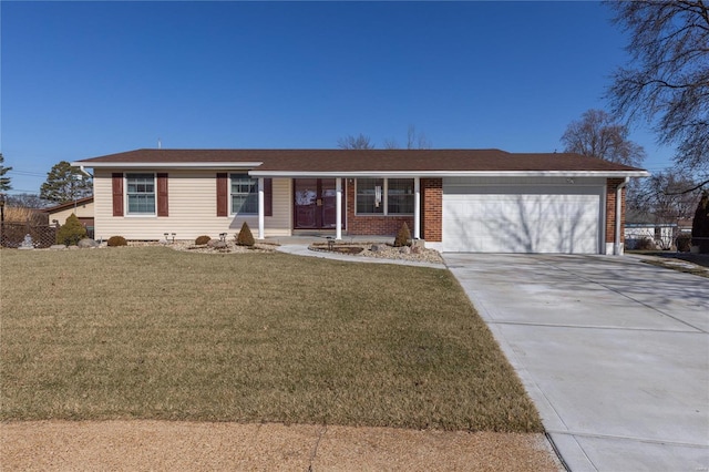 single story home with a garage and a front lawn