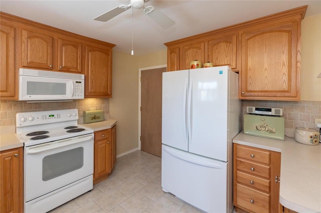 kitchen with backsplash, white appliances, ceiling fan, and light tile patterned flooring