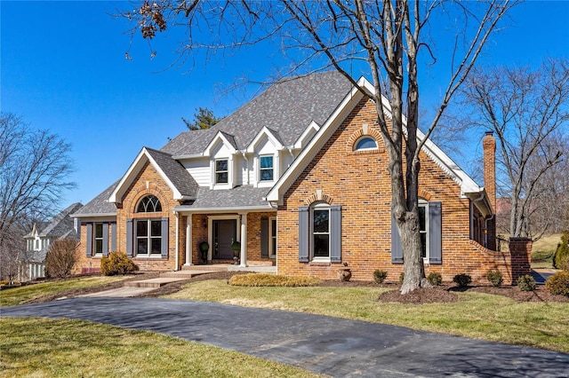 view of front of house with roof with shingles, a front lawn, and brick siding