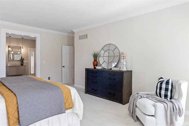 bedroom featuring ornamental molding, light colored carpet, visible vents, and baseboards