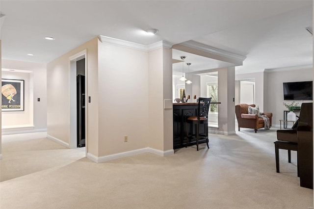 hallway with baseboards, carpet floors, recessed lighting, and crown molding