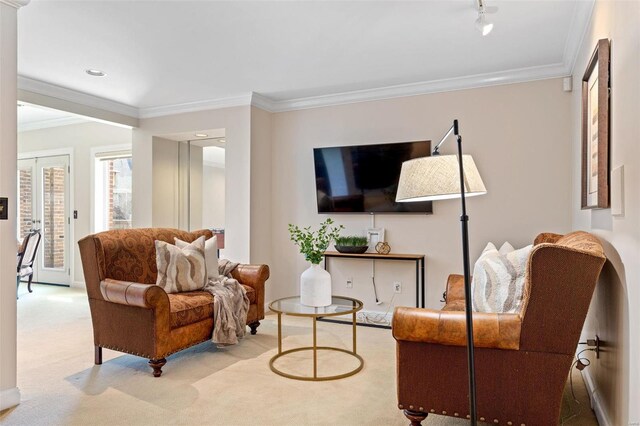 carpeted living area featuring ornamental molding, french doors, and rail lighting