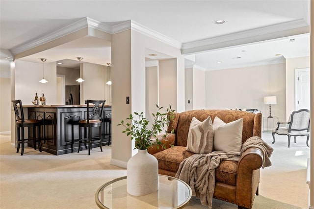 living room featuring ornamental molding, recessed lighting, carpet flooring, and baseboards