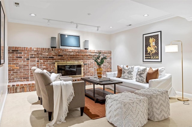 living area featuring recessed lighting, carpet floors, a fireplace, visible vents, and ornamental molding