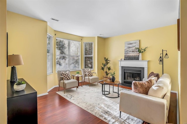 living room with dark hardwood / wood-style flooring