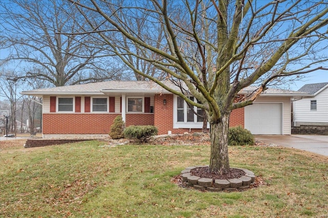 ranch-style home with a garage and a front yard