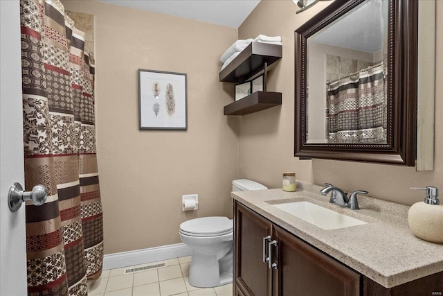 bathroom with tile patterned flooring, vanity, walk in shower, and toilet