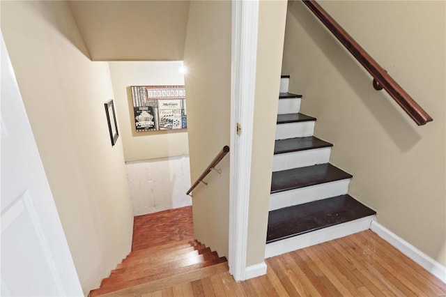 staircase with wood-type flooring