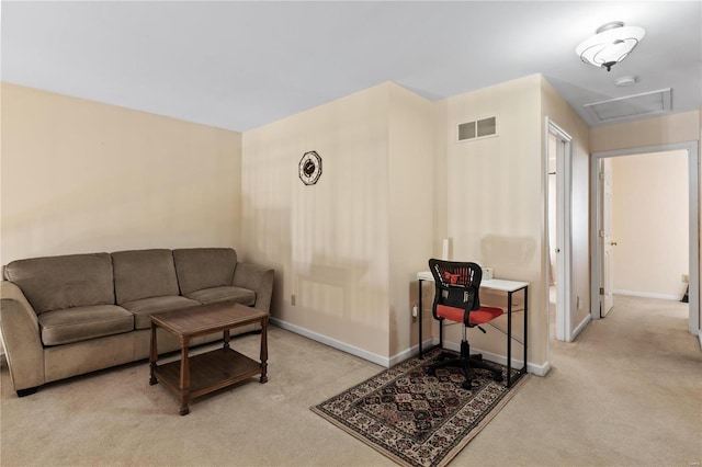 living room with light colored carpet