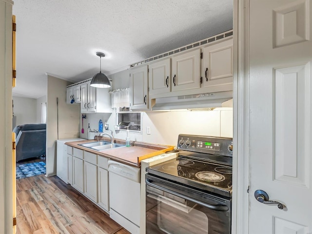 kitchen with pendant lighting, sink, electric range, white dishwasher, and light hardwood / wood-style floors