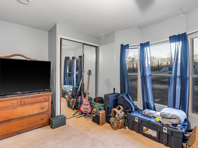 interior space with light carpet and a textured ceiling