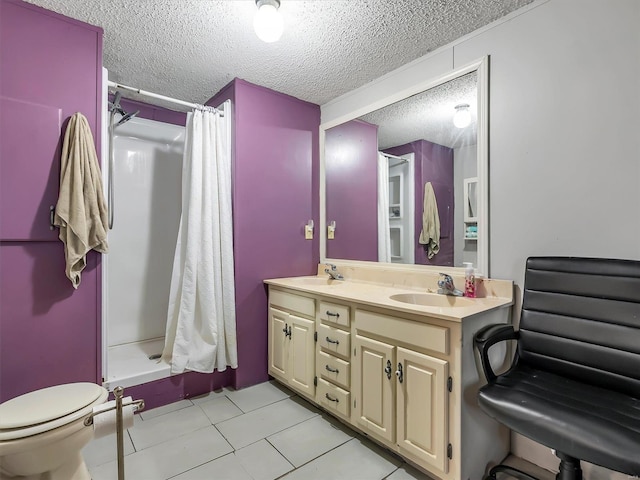 bathroom with toilet, a textured ceiling, vanity, curtained shower, and tile patterned flooring