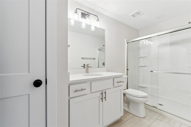 full bathroom with vanity, visible vents, a stall shower, and toilet