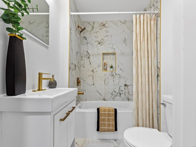 full bathroom with vanity, shower / bath combination with curtain, and toilet