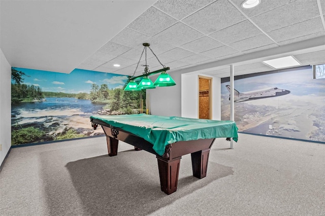 game room with carpet floors, billiards, and a drop ceiling