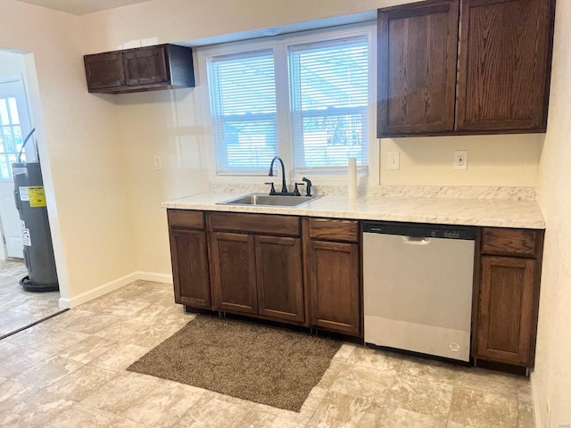 kitchen with sink, dark brown cabinets, water heater, and dishwasher