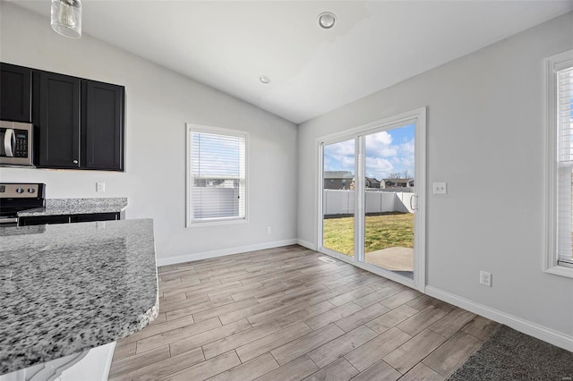 kitchen with lofted ceiling, light stone counters, appliances with stainless steel finishes, dark cabinetry, and light wood finished floors