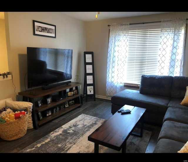 living room with dark wood-type flooring